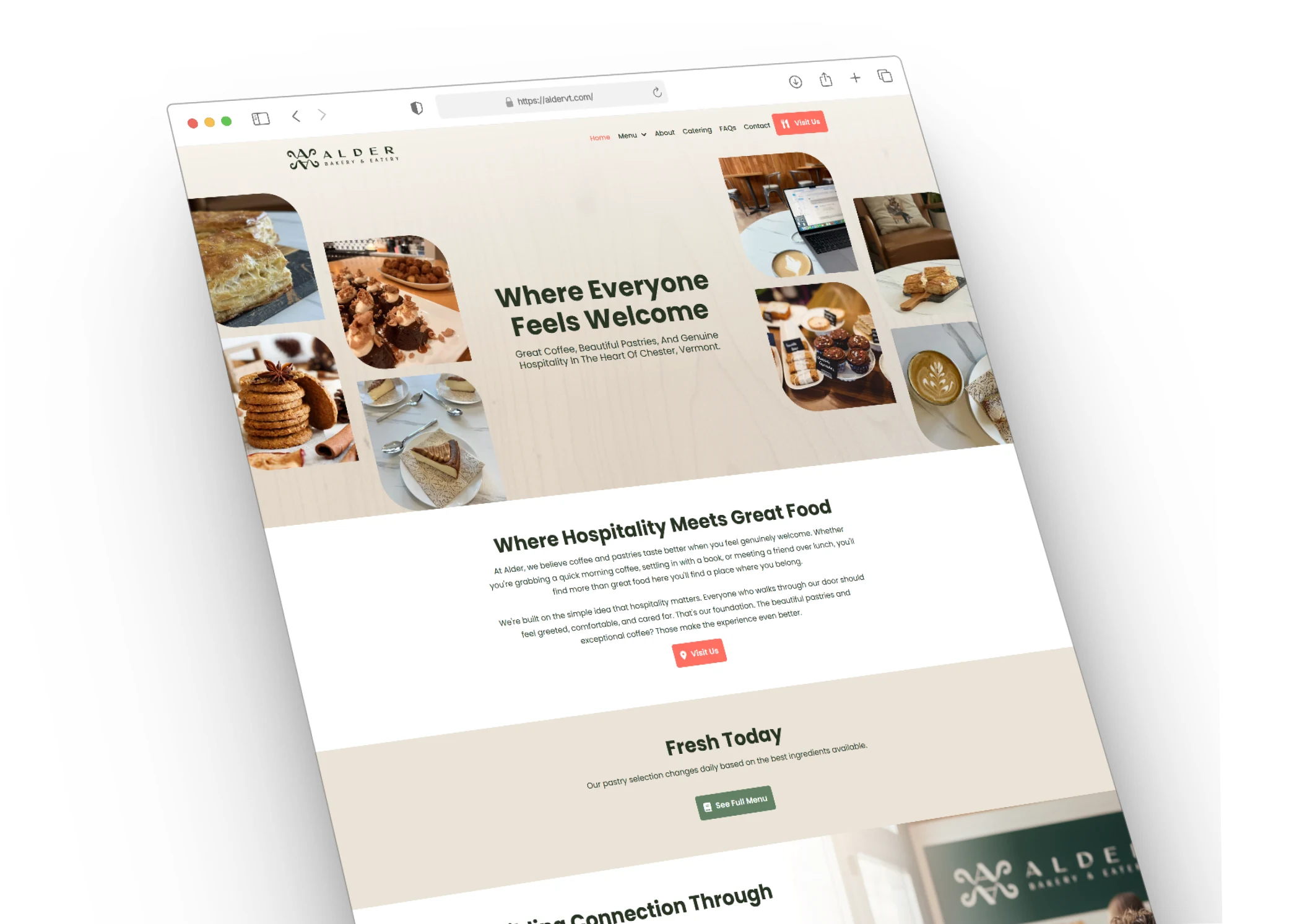 The Alder bakery homepage, showing a hero image collage of pastries and the words Where Everyone Feels Welcome.