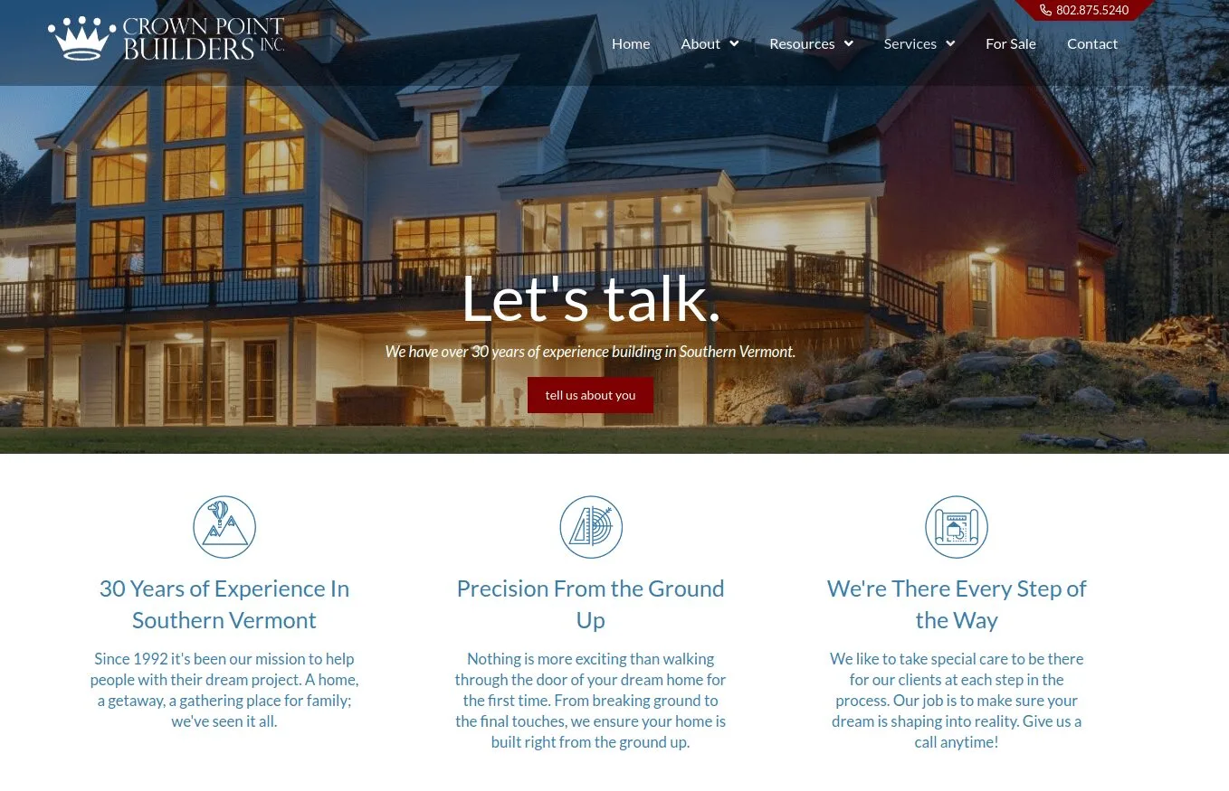 A new construction project page on the Crown Point Builders site