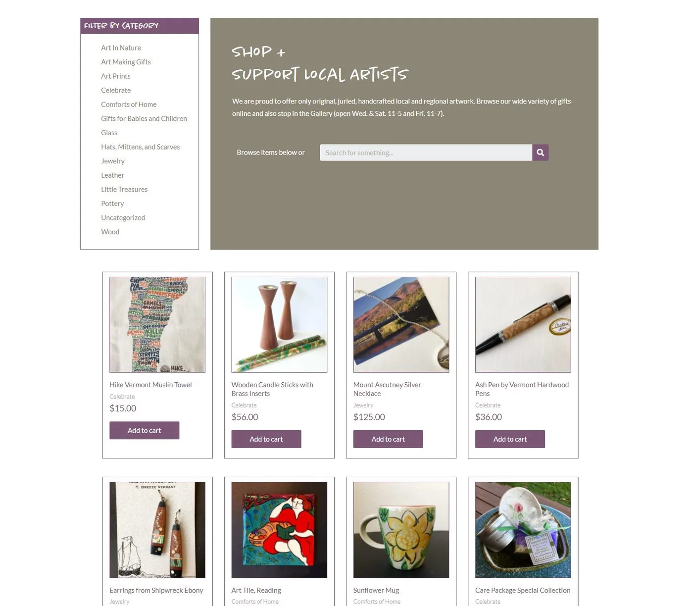 A shop page on the Gallery at the VAULT site